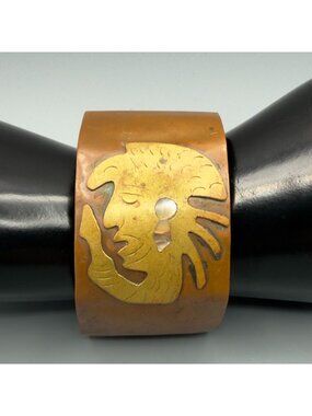 Vintage Mexican Artisan Face Cuff Bracelet Brass Abalone Inlay